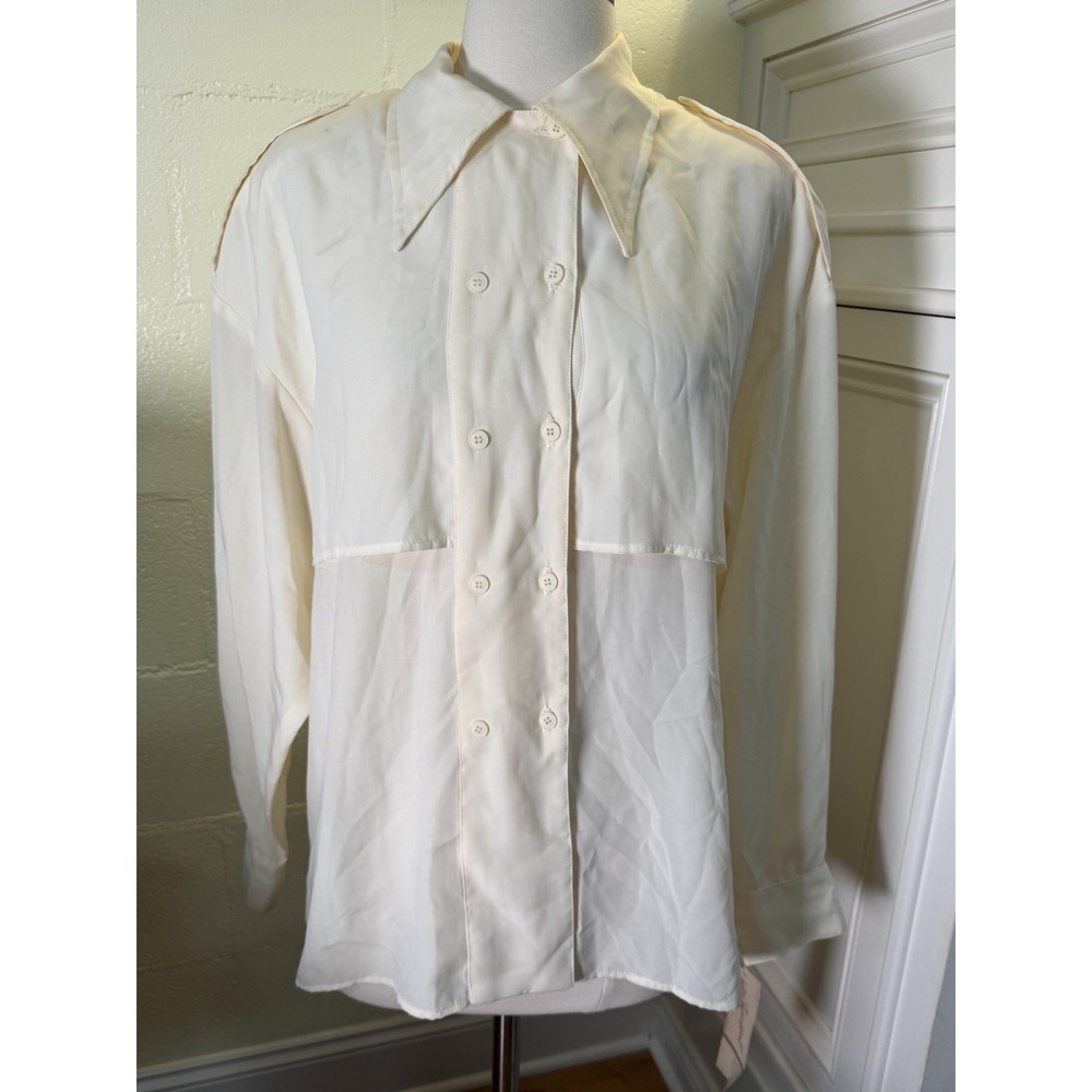 Helen Fabrikant Blouse NOS Size 16 Ivory Secretary Shirt Double Breasted USA 80s